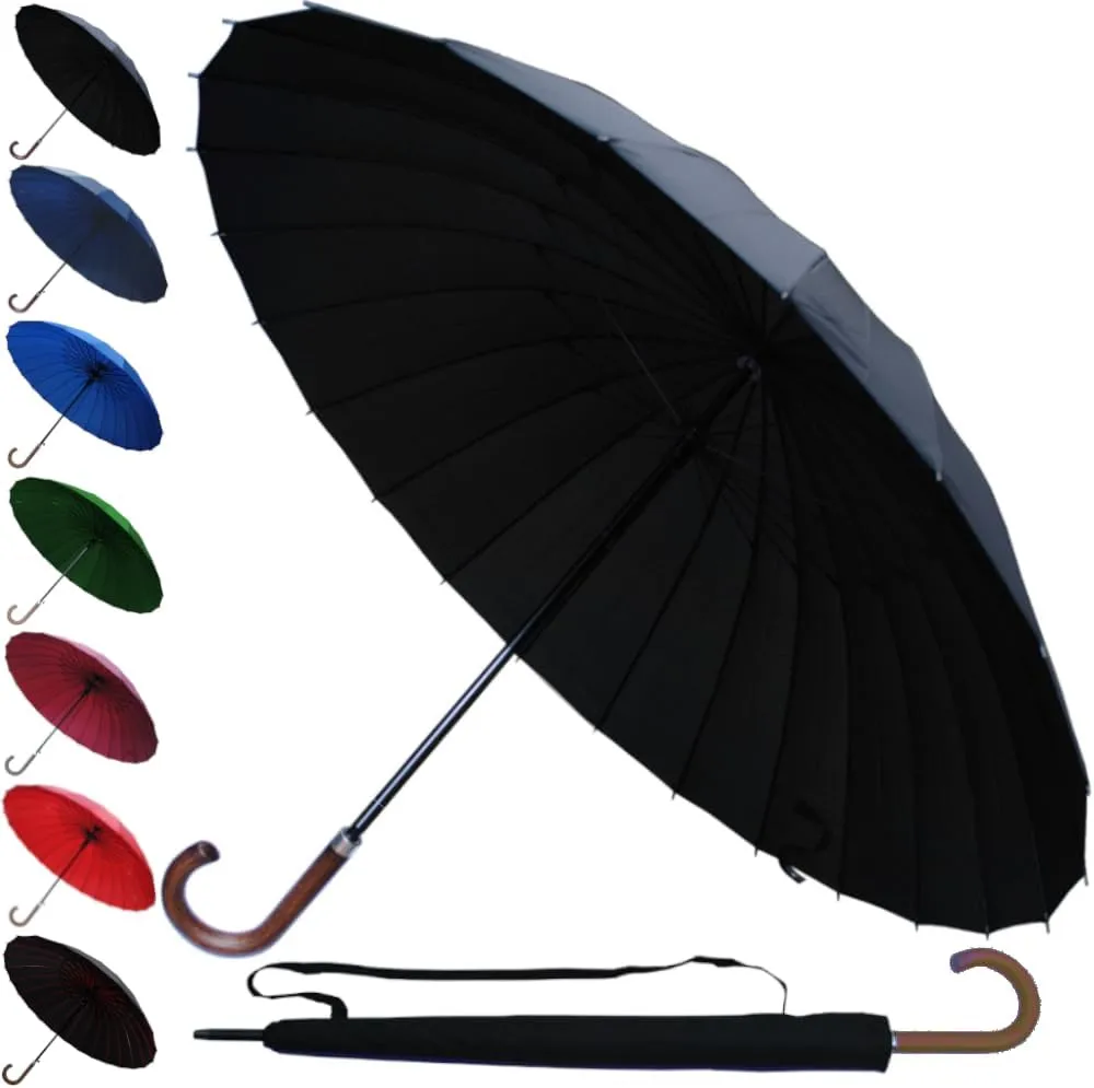 60MPH Windproof 24 Rib Large Strong Umbrella - XL Automatic Heavy Duty Golf Umbrella For Rain and Wind - 3 Layer Frame - Wooden Hook Handle - Best for Most Ribs