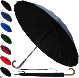 60MPH Windproof 24 Rib Large Strong Umbrella - XL Automatic Heavy Duty Golf Umbrella For Rain and Wind - 3 Layer Frame - Wooden Hook Handle - Best for Most Ribs