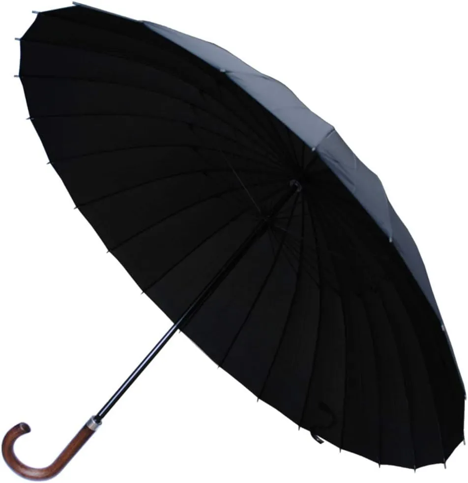 60MPH Windproof 24 Rib Large Strong Umbrella - XL Automatic Heavy Duty Golf Umbrella For Rain and Wind - 3 Layer Frame - Wooden Hook Handle - Best for Most Ribs