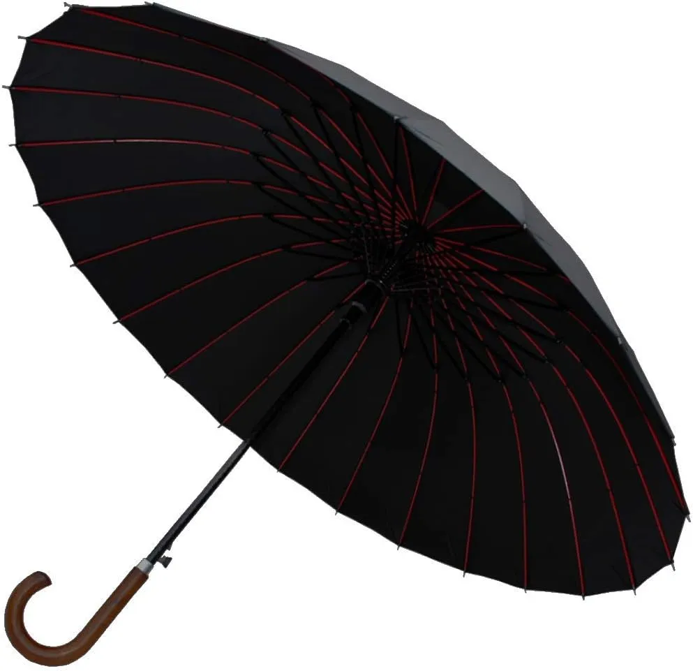 60MPH Windproof 24 Rib Large Strong Umbrella - XL Automatic Heavy Duty Golf Umbrella For Rain and Wind - 3 Layer Frame - Wooden Hook Handle - Best for Most Ribs