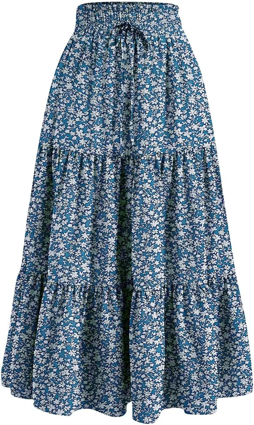 ADHOWBEW Summer Skirts for Women 2025 Pleated Casual Elastic Waist Smocked Boho Floral Trendy Vacation Sexy Flowy Skirt