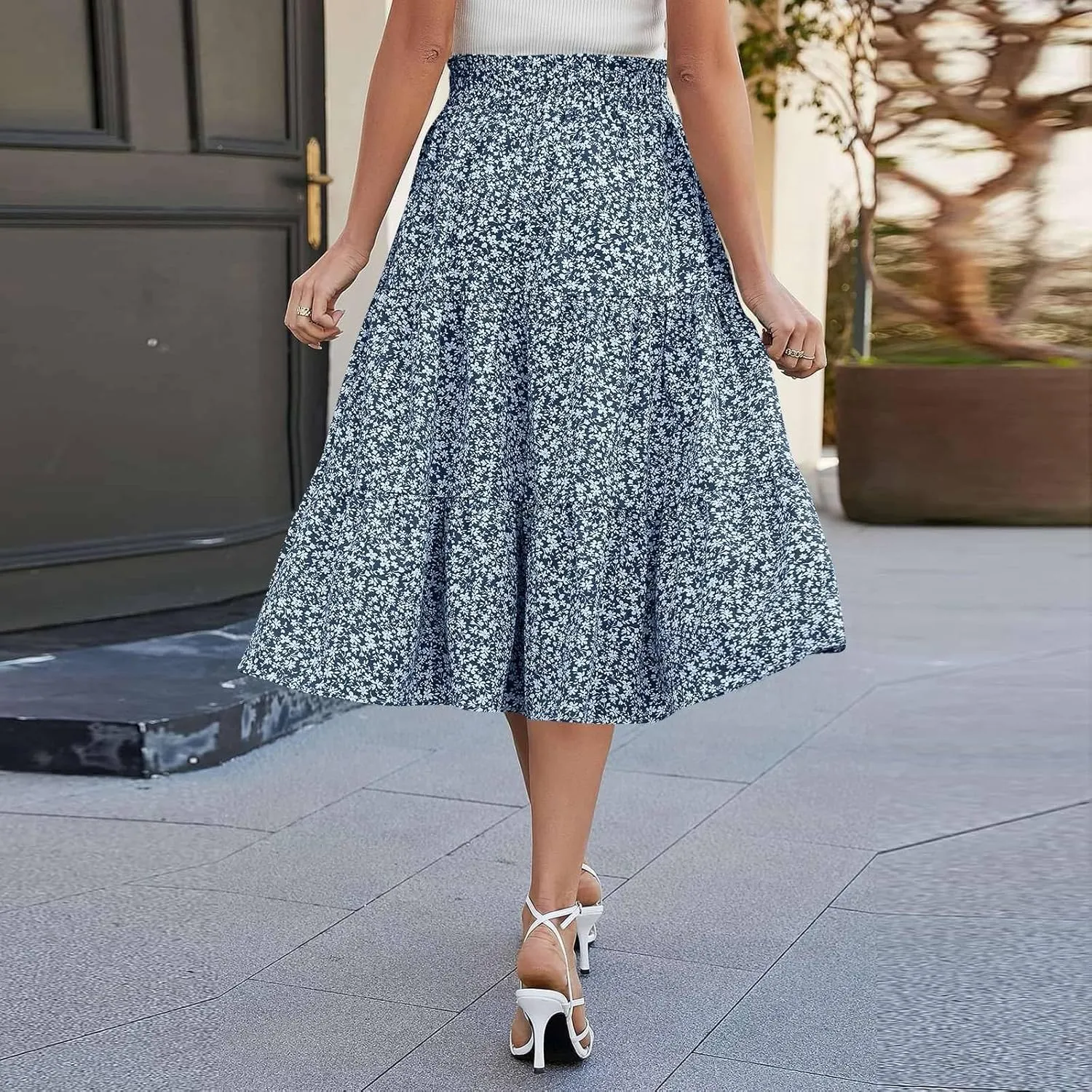 ADHOWBEW Summer Skirts for Women 2025 Pleated Casual Elastic Waist Smocked Boho Floral Trendy Vacation Sexy Flowy Skirt