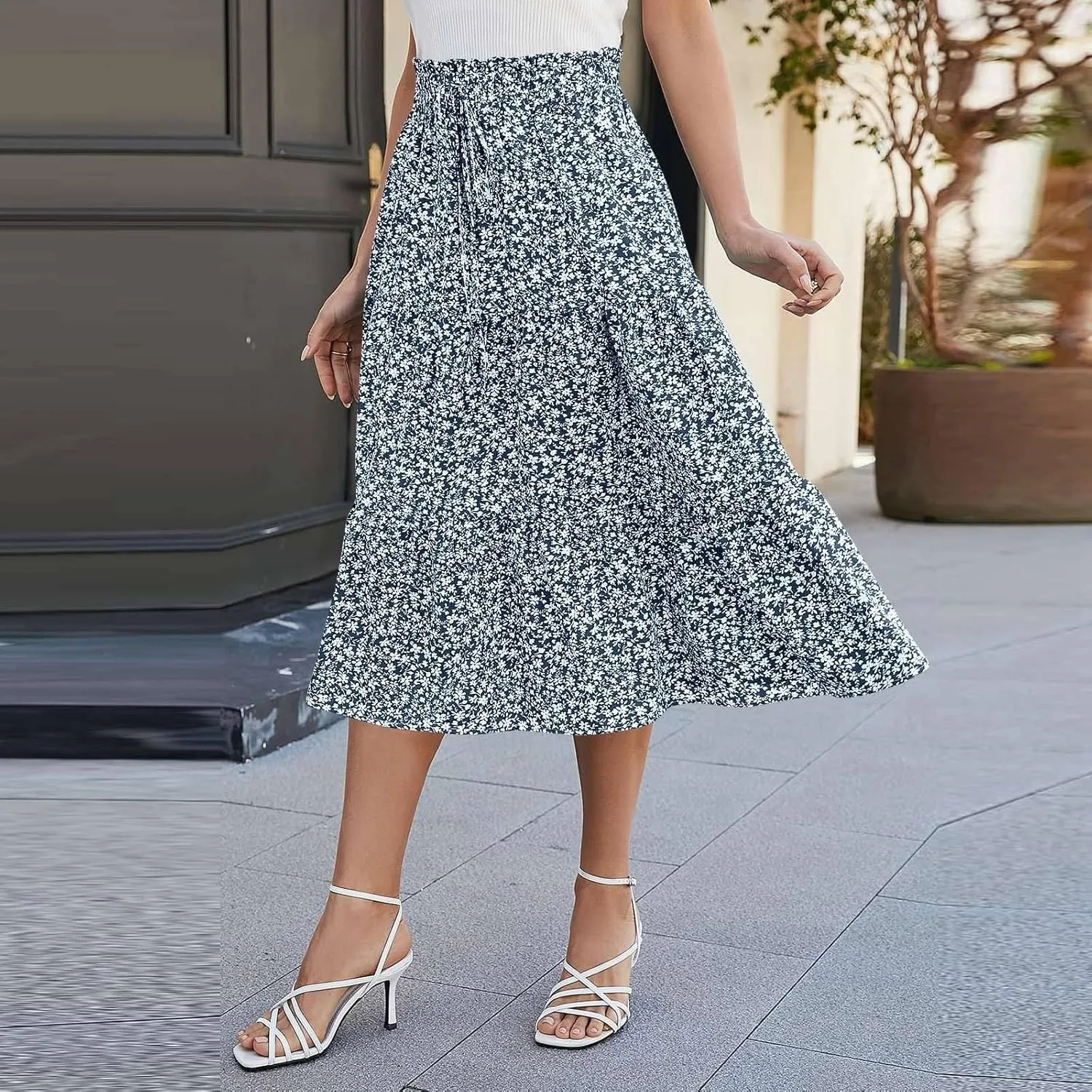 ADHOWBEW Summer Skirts for Women 2025 Pleated Casual Elastic Waist Smocked Boho Floral Trendy Vacation Sexy Flowy Skirt