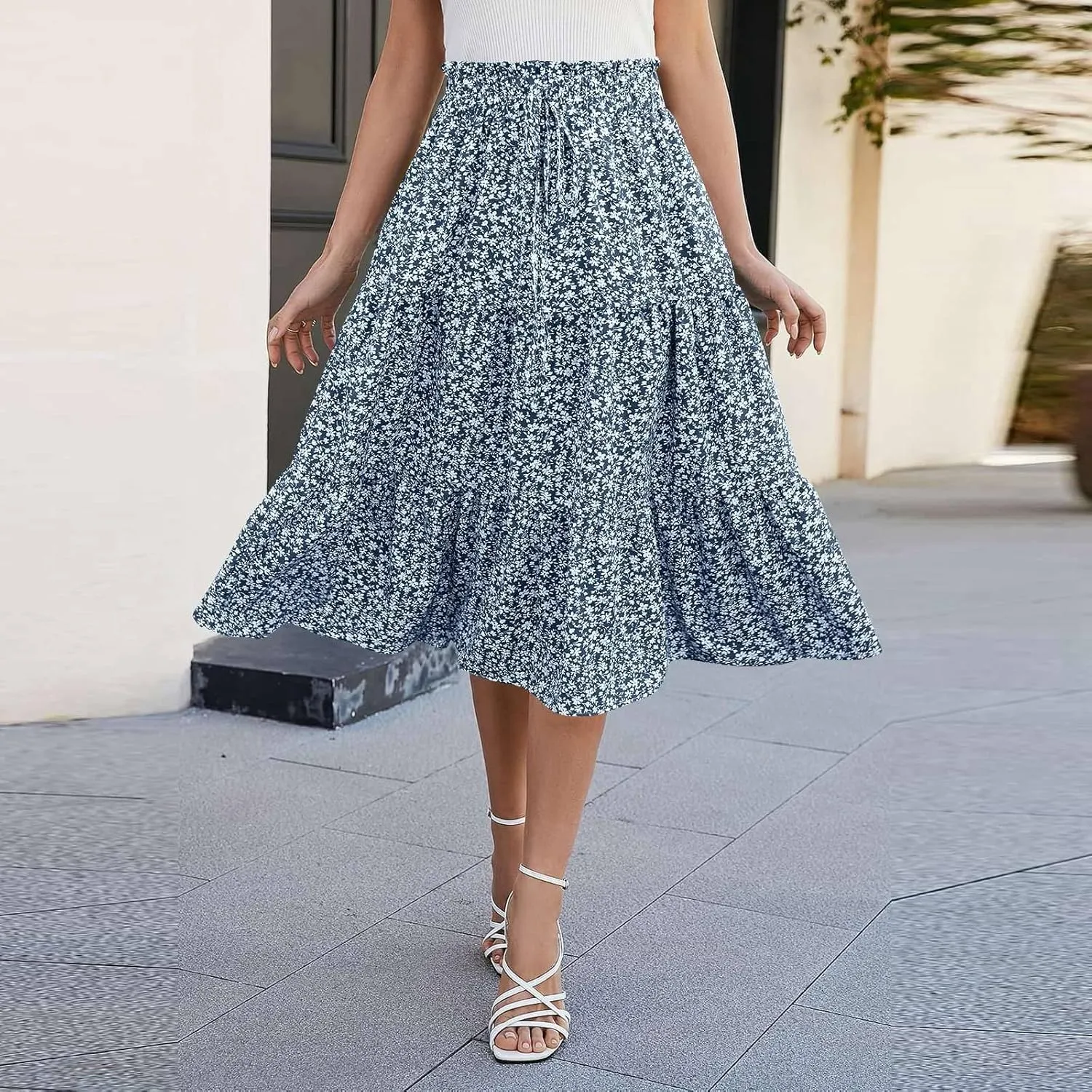 ADHOWBEW Summer Skirts for Women 2025 Pleated Casual Elastic Waist Smocked Boho Floral Trendy Vacation Sexy Flowy Skirt
