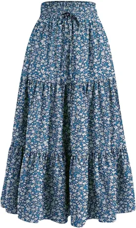 ADHOWBEW Summer Skirts for Women 2025 Pleated Casual Elastic Waist Smocked Boho Floral Trendy Vacation Sexy Flowy Skirt