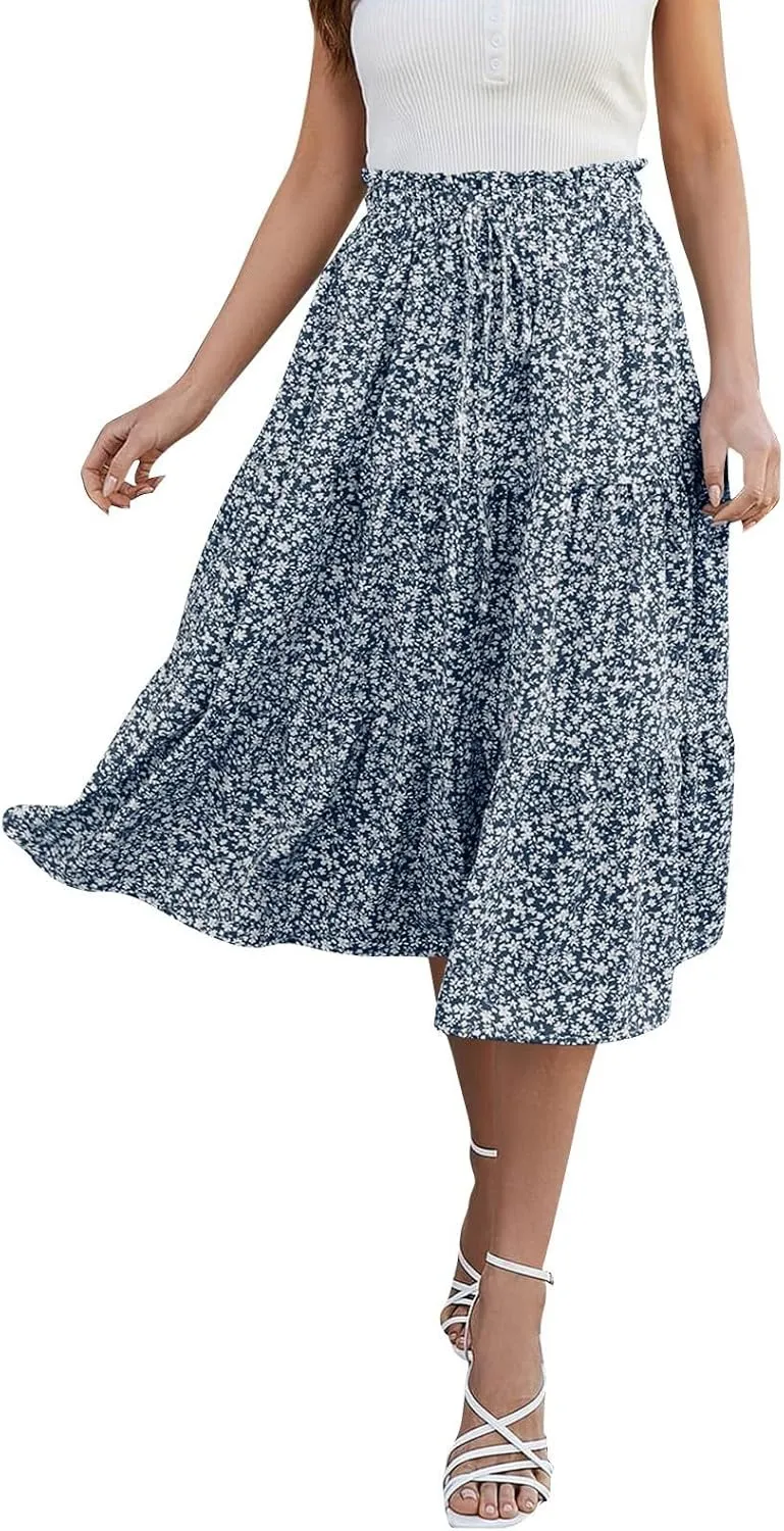 ADHOWBEW Summer Skirts for Women 2025 Pleated Casual Elastic Waist Smocked Boho Floral Trendy Vacation Sexy Flowy Skirt