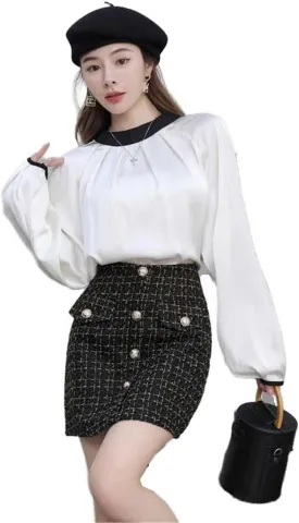 Belted Tweed Pencil Skirt for Women, Autumn Winter Office Ready