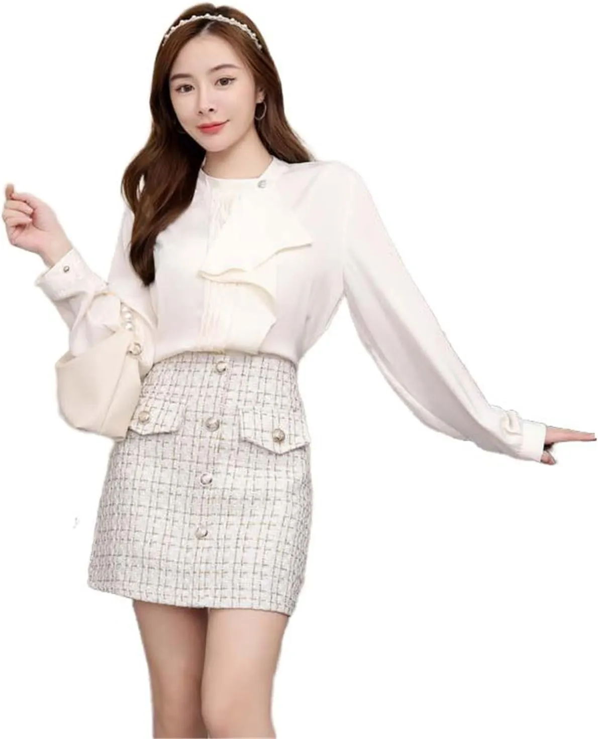 Belted Tweed Pencil Skirt for Women, Autumn Winter Office Ready
