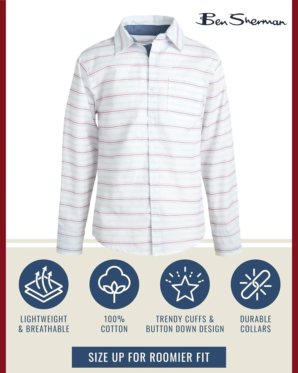 Ben Sherman Boys' Shirt - Casual Long Sleeve Button Down Collared Shirt  Button Down Shirt with Chest Pocket for Boys (8-18)