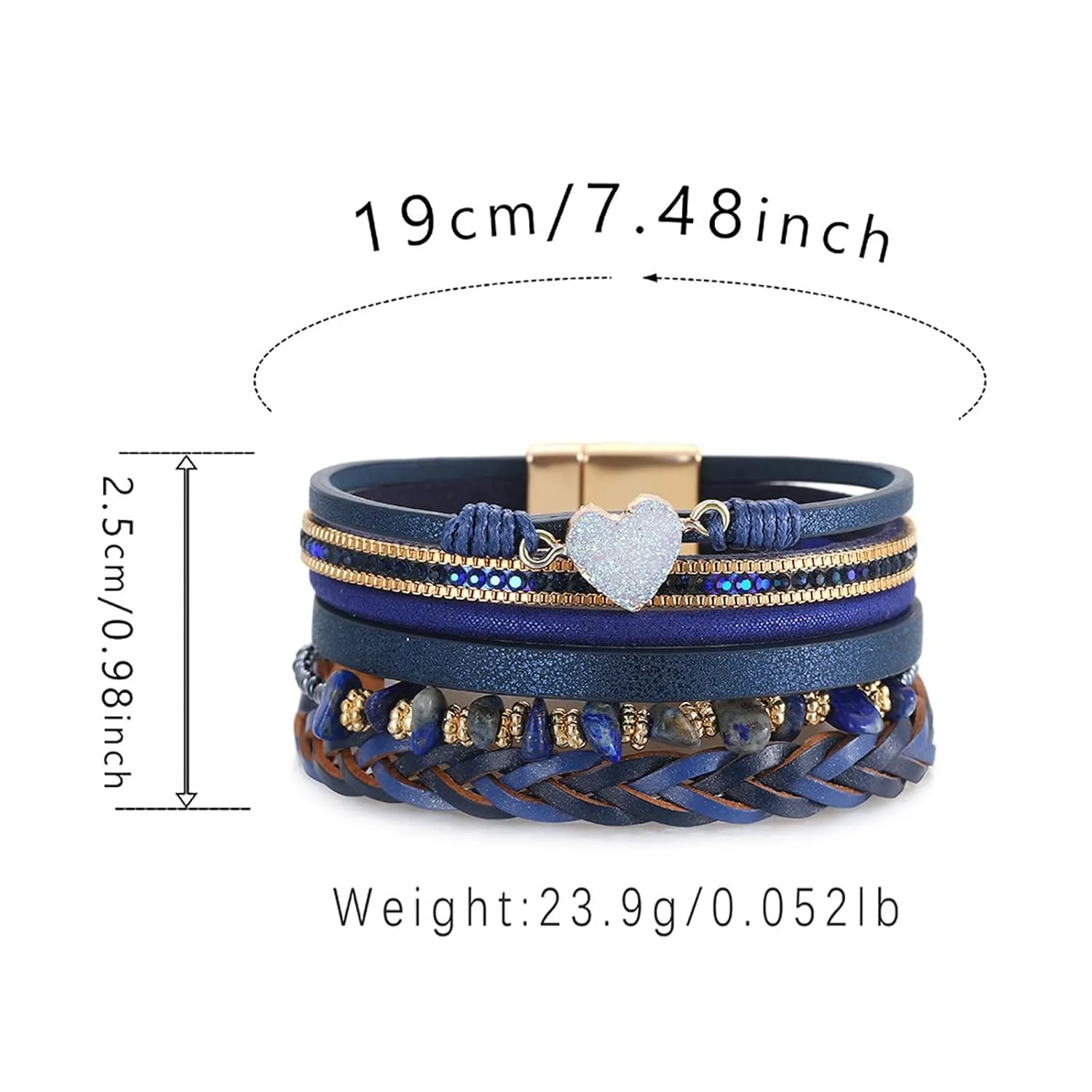 Blue Leather Bracelets for Women Trendy Stackable Sparkling Heart Bracelet Magnetic Wrap Bracelets Crystal Bead Bracelet Boho Bracelets Birthday Christmas Jewelry Gifts for Women Teens Girls