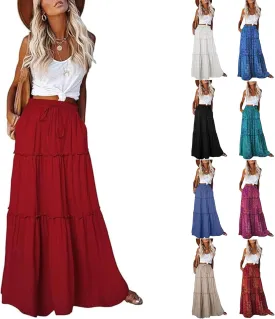 Boho Skirt for Women High Waist A Line Flowy Tiered Skirts Summer Floral Pleated Ruffle Long Maxi Skirt with Pockets