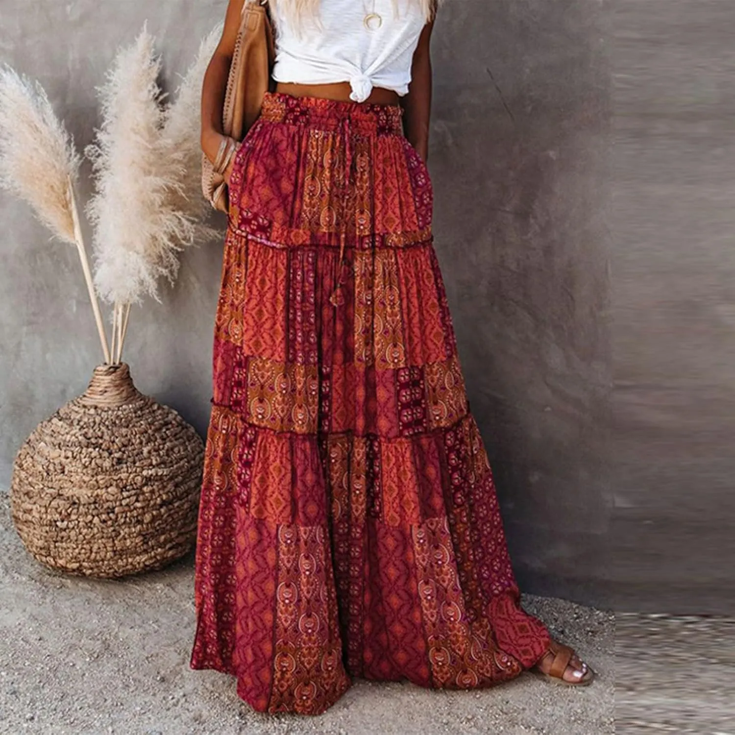 Boho Skirts for Women Summer Vacation High Waist Tie Loose Flower Print Elastic Waist Casual Long Maxi Party Skirt