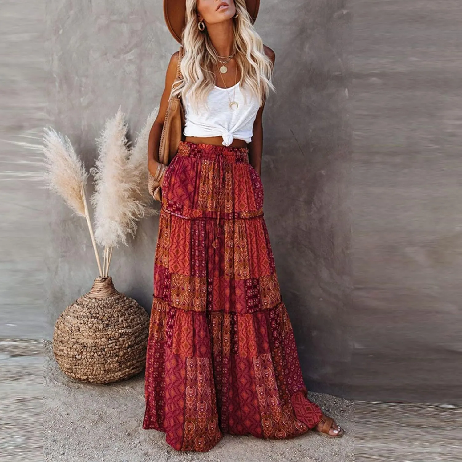 Boho Skirts for Women Summer Vacation High Waist Tie Loose Flower Print Elastic Waist Casual Long Maxi Party Skirt
