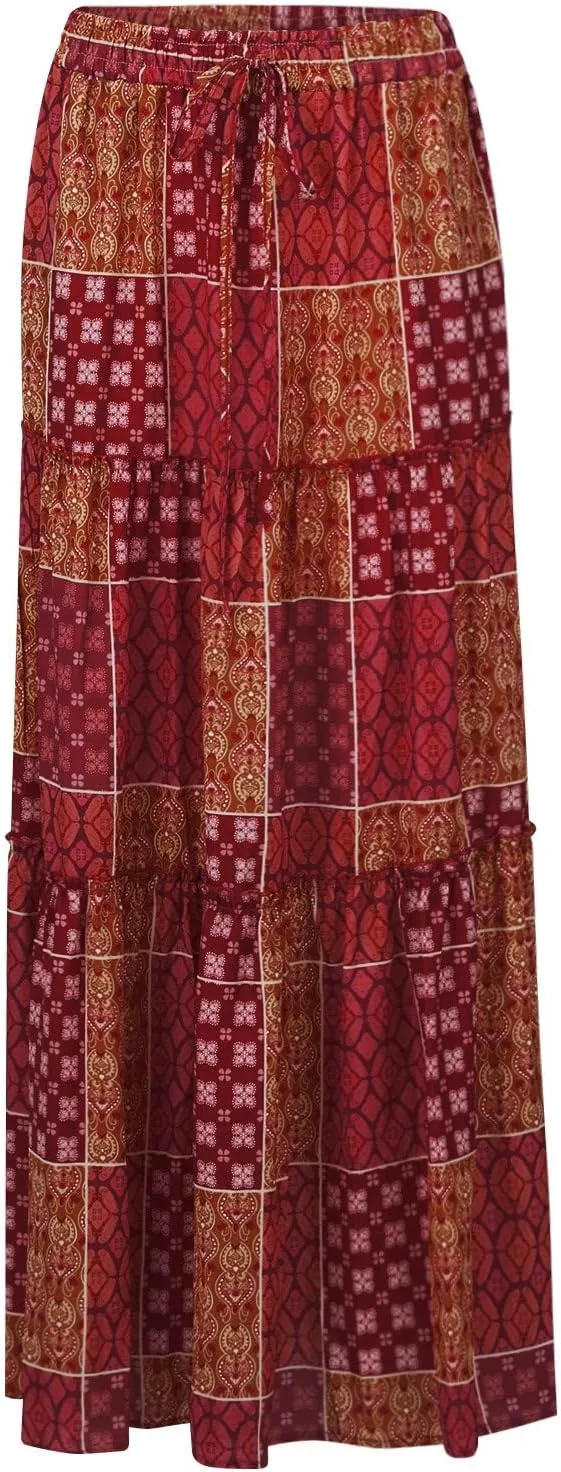 Boho Skirts for Women Summer Vacation High Waist Tie Loose Flower Print Elastic Waist Casual Long Maxi Party Skirt