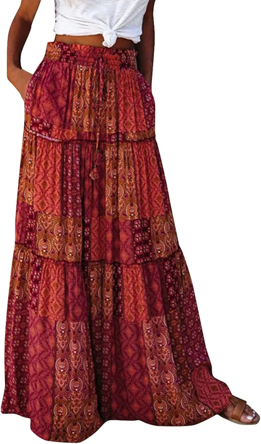 Boho Skirts for Women Summer Vacation High Waist Tie Loose Flower Print Elastic Waist Casual Long Maxi Party Skirt