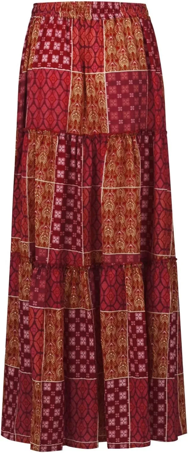 Boho Skirts for Women Summer Vacation High Waist Tie Loose Flower Print Elastic Waist Casual Long Maxi Party Skirt