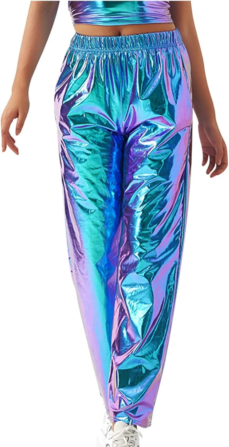 BZGTZT Women's Shiny Metallic High Waist Stretchy Jogger Pants, Wet Look Hip Hop Club Wear Holographic Trousers Sweatpant