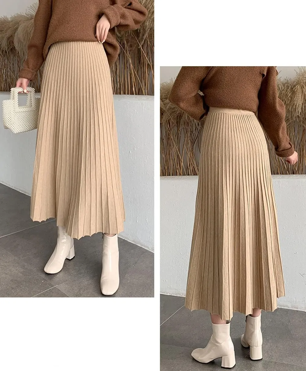 CHARTOU Women's Fall Winter High Waist Pleated A-Line Maxi Long Knit Sweater Skirt