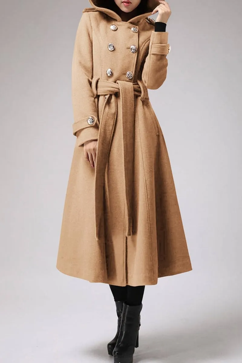 Cicy Bell Womens Long Double-Breasted Hooded Coat Winter Warm Wool Trench Coat with Belts