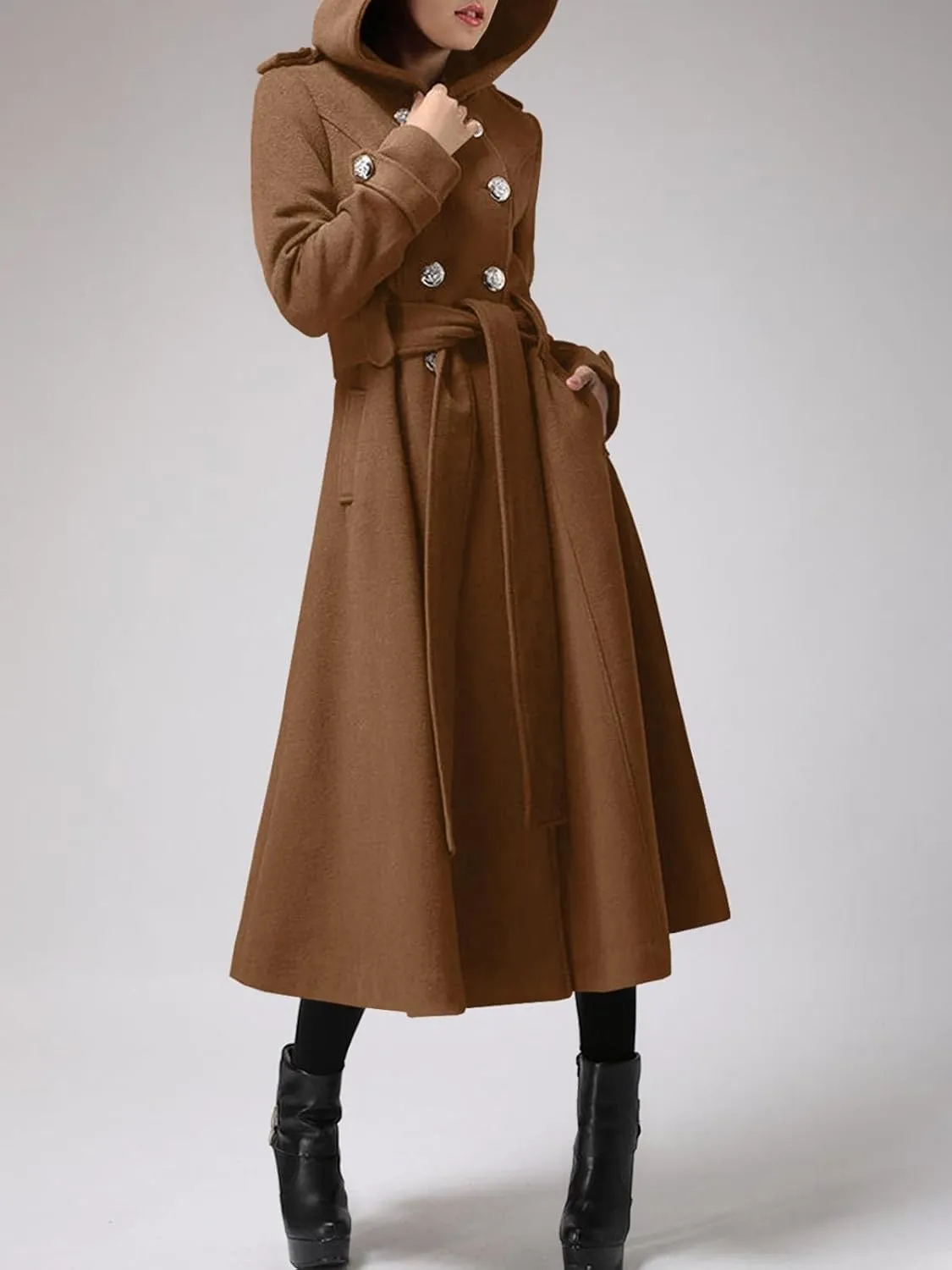 Cicy Bell Womens Long Double-Breasted Hooded Coat Winter Warm Wool Trench Coat with Belts