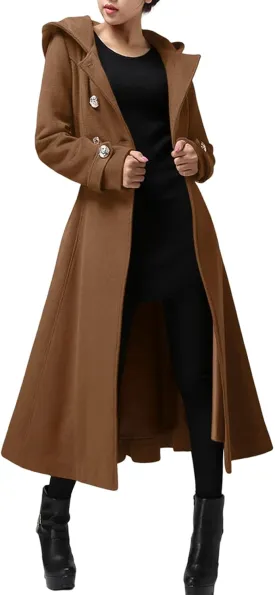 Cicy Bell Womens Long Double-Breasted Hooded Coat Winter Warm Wool Trench Coat with Belts