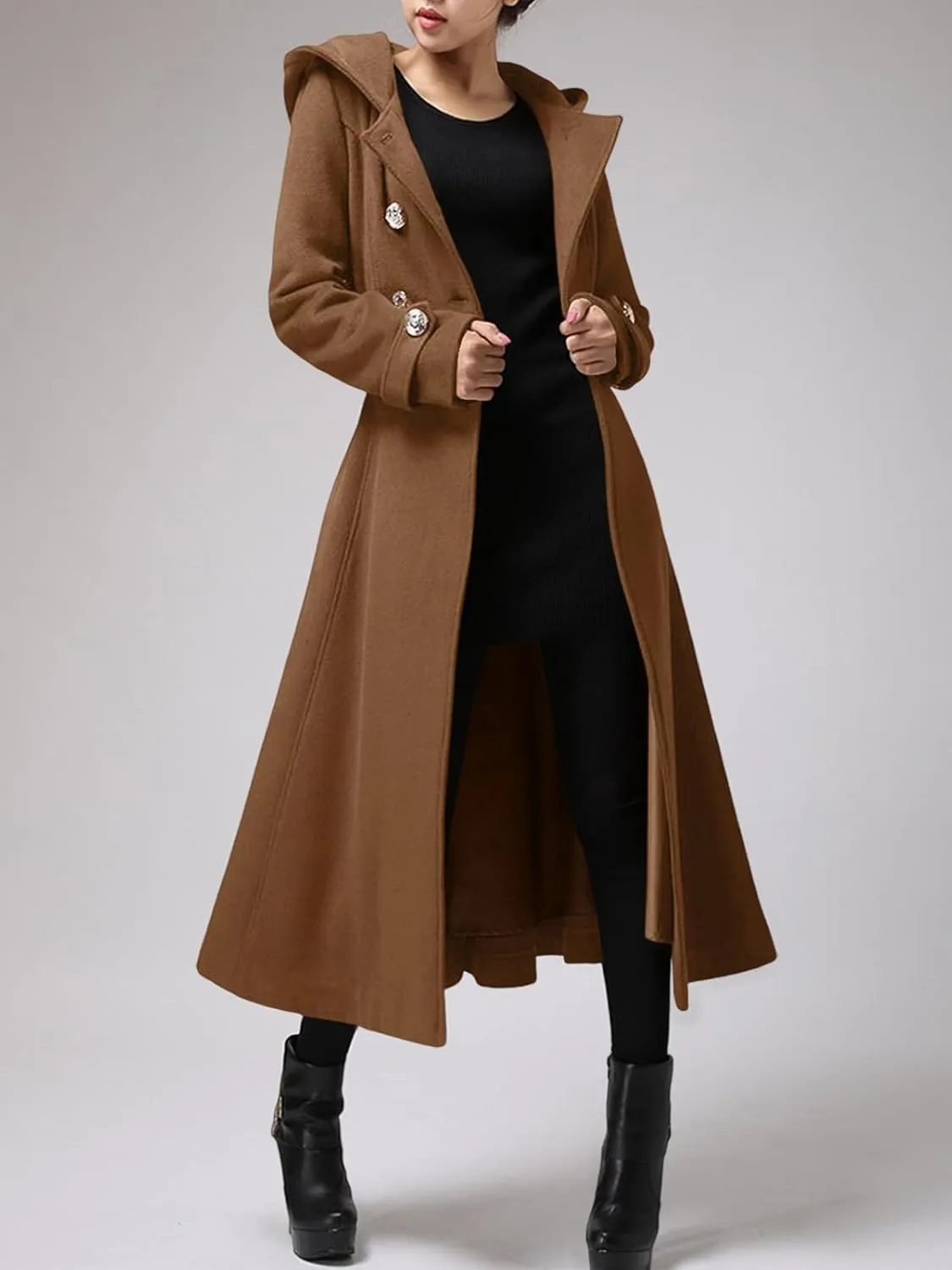 Cicy Bell Womens Long Double-Breasted Hooded Coat Winter Warm Wool Trench Coat with Belts