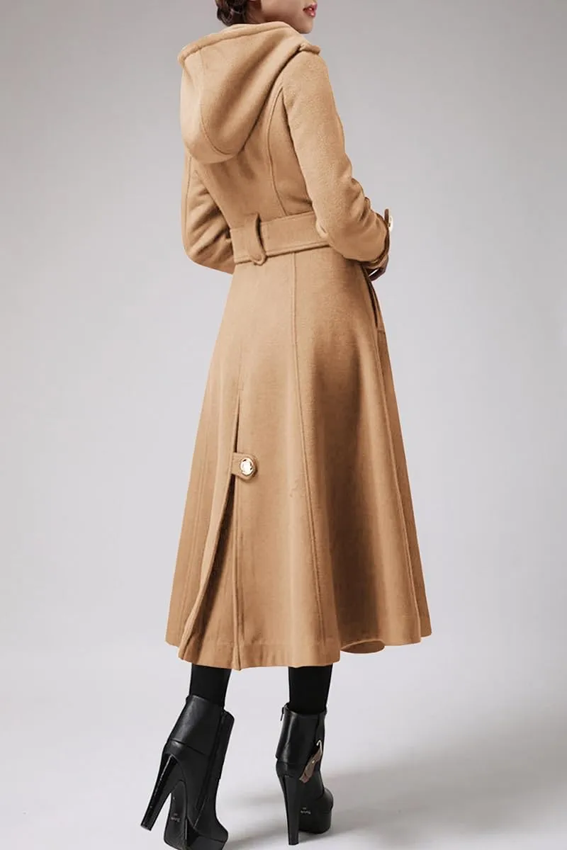 Cicy Bell Womens Long Double-Breasted Hooded Coat Winter Warm Wool Trench Coat with Belts
