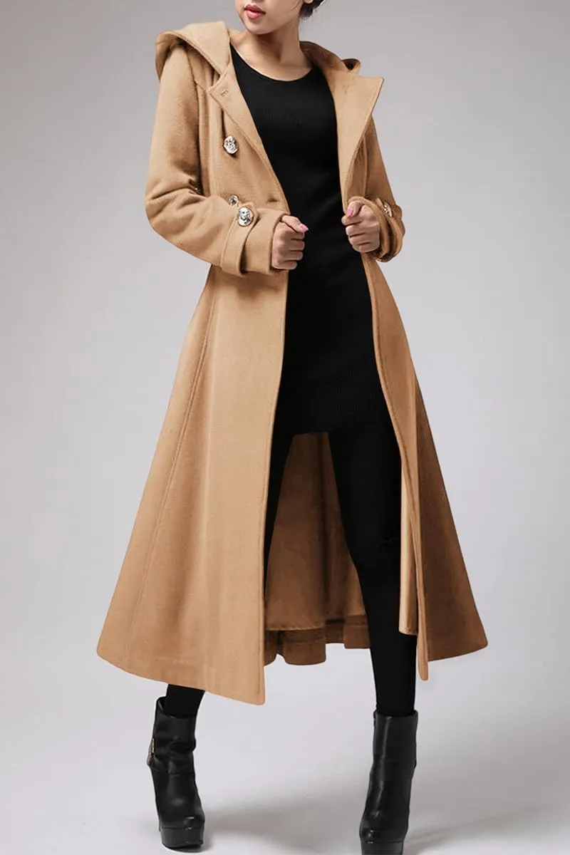 Cicy Bell Womens Long Double-Breasted Hooded Coat Winter Warm Wool Trench Coat with Belts
