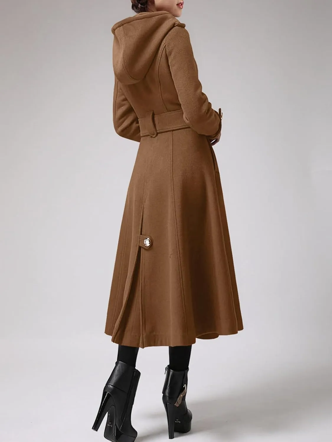 Cicy Bell Womens Long Double-Breasted Hooded Coat Winter Warm Wool Trench Coat with Belts