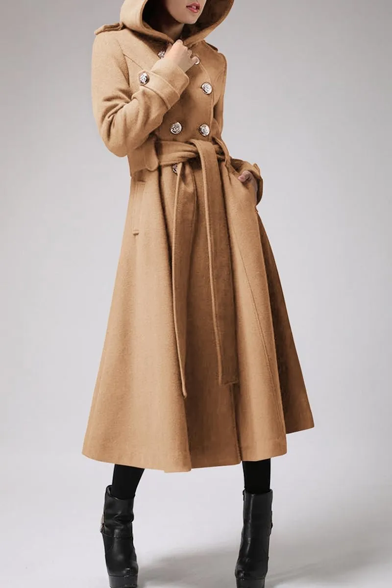 Cicy Bell Womens Long Double-Breasted Hooded Coat Winter Warm Wool Trench Coat with Belts