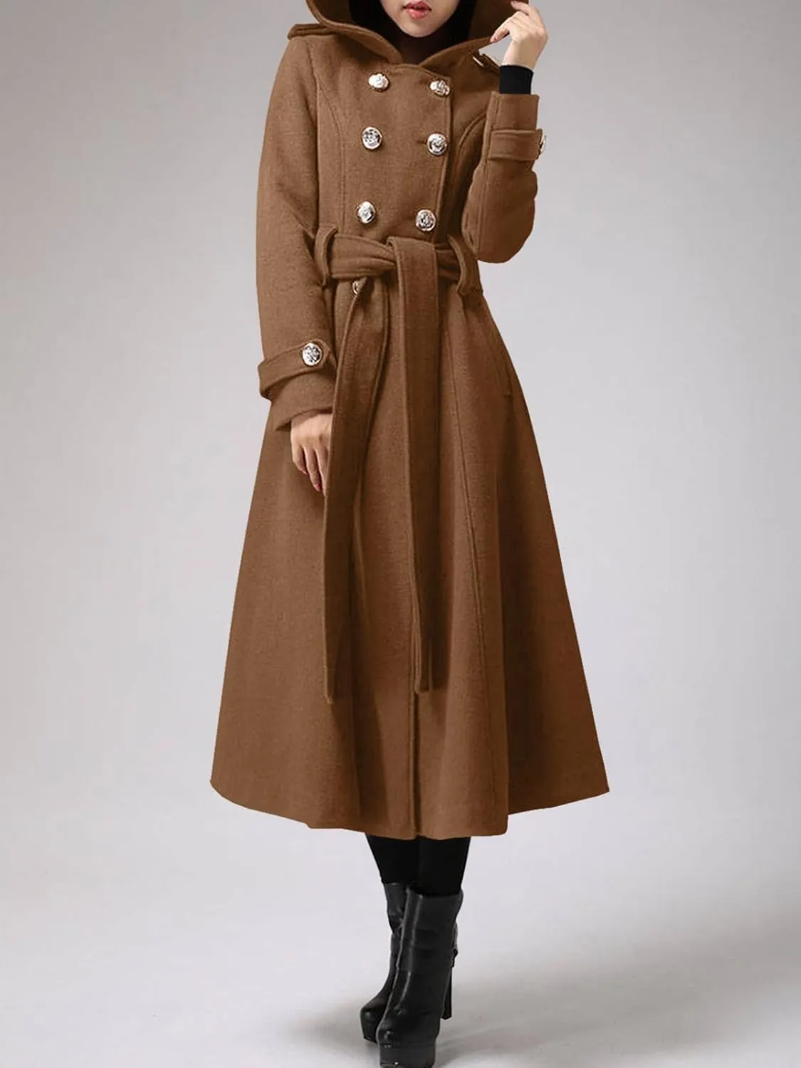 Cicy Bell Womens Long Double-Breasted Hooded Coat Winter Warm Wool Trench Coat with Belts