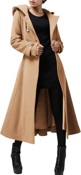 Cicy Bell Womens Long Double-Breasted Hooded Coat Winter Warm Wool Trench Coat with Belts