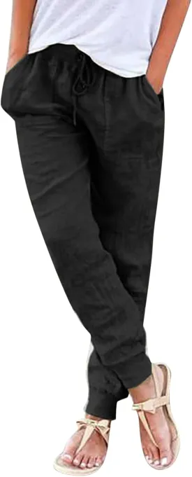 Cotton Linen Tapered Pants for Women Drawstring Elastic Waist Trousers Cinch Bottom Lightweight High Waisted Pants 2025