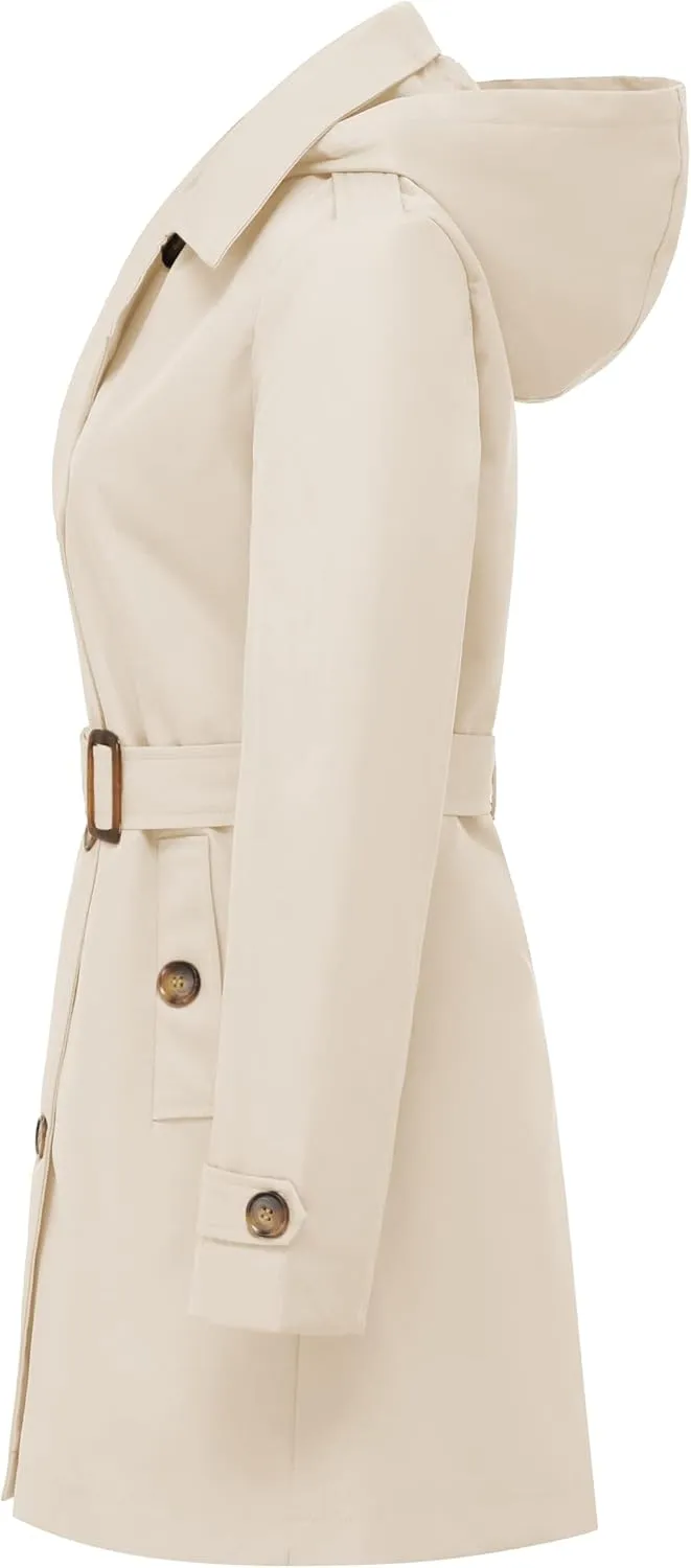 CREATMO US Women's Trench Coat Double-Breasted Classic Lapel Overcoat Belted Slim Outerwear Coat with Detachable Hood