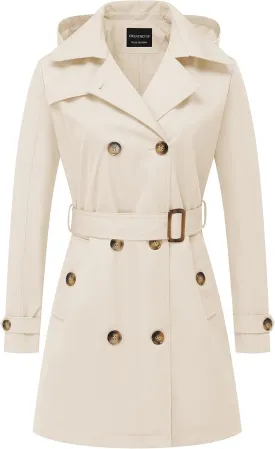 CREATMO US Women's Trench Coat Double-Breasted Classic Lapel Overcoat Belted Slim Outerwear Coat with Detachable Hood