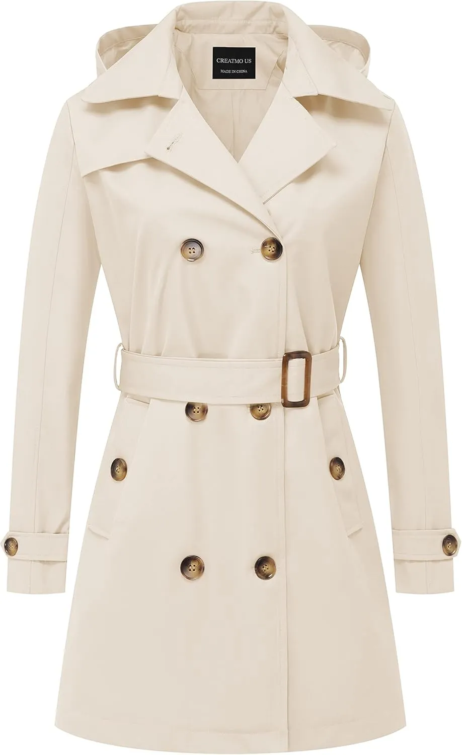 CREATMO US Women's Trench Coat Double-Breasted Classic Lapel Overcoat Belted Slim Outerwear Coat with Detachable Hood