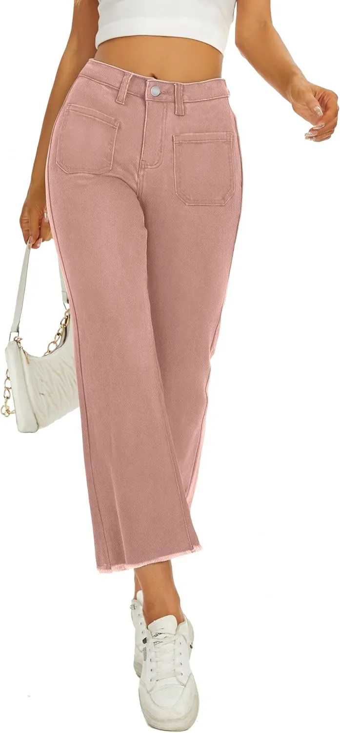 Denim Women Cropped Trousers Jeans Pants Leg Jeans High Rise Pants Stretchy with Pockets
