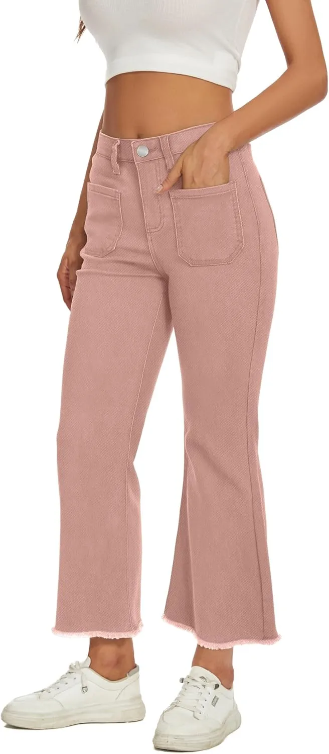 Denim Women Cropped Trousers Jeans Pants Leg Jeans High Rise Pants Stretchy with Pockets