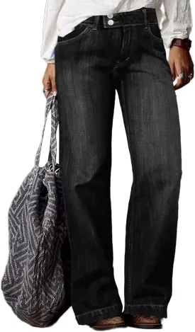 Flamingals Straight Leg Boyfriend Jeans for Women Button Hem Mid Waisted Bootcut Jeans