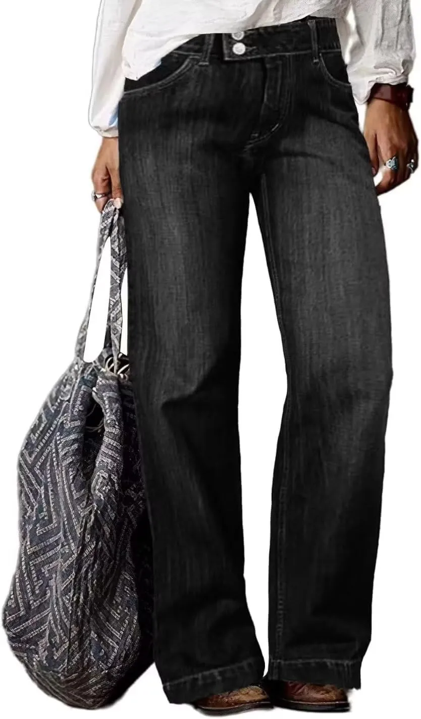 Flamingals Straight Leg Boyfriend Jeans for Women Button Hem Mid Waisted Bootcut Jeans