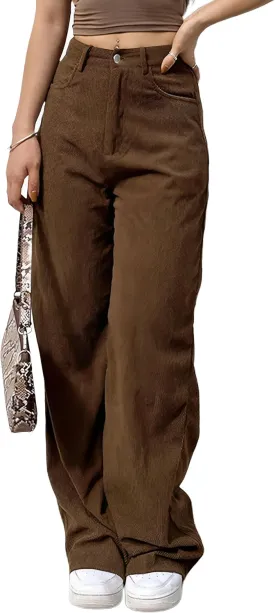 Himosyber Corduroy Pants for Women Wide Leg High Waist Loose Comfy Trousers with Pockets