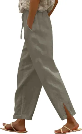 Linen Pants Women Petite 2025 Trendy Slit Wide Leg Beach Pants Summer Casual Loose Fit Lightweight Gauze Trousers