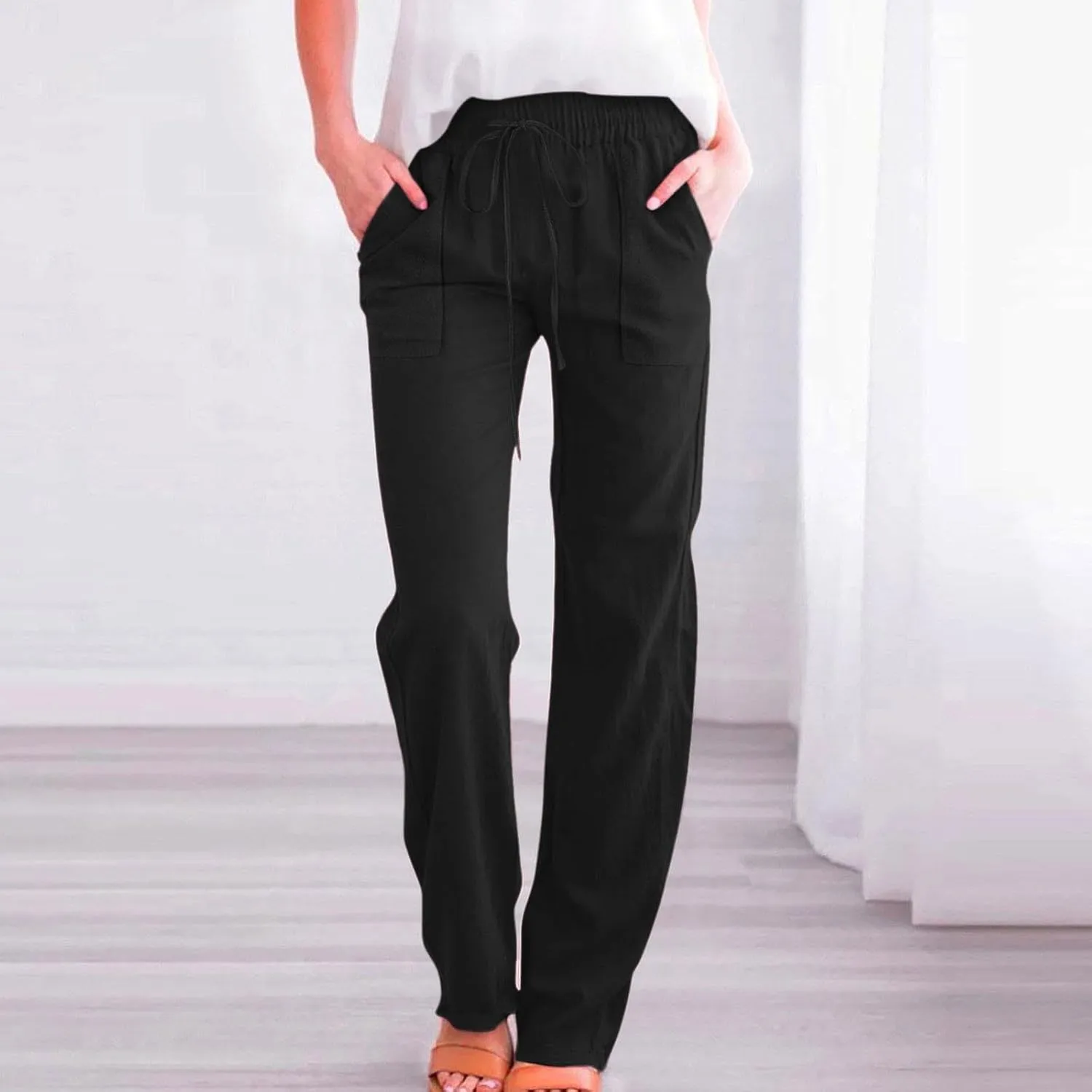 Linen Pants Women Summer,Cotton Linen Straight Leg Petite Casual Pants with Pockets Comfy Lounge Pant 2025