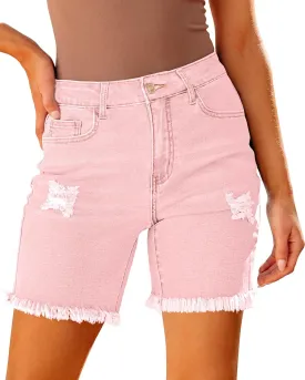 luvamia Jean Shorts for Women High Waisted Trendy Casual Distressed Stretchy Denim Long Shorts Ripped Raw Hem Shorts