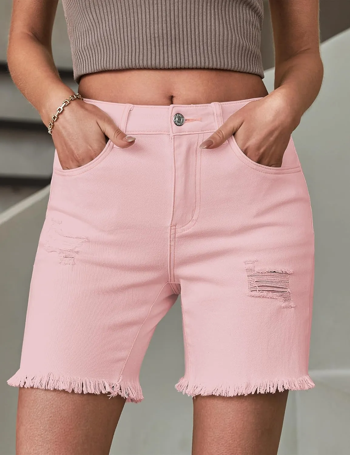 luvamia Jean Shorts for Women High Waisted Trendy Casual Distressed Stretchy Denim Long Shorts Ripped Raw Hem Shorts