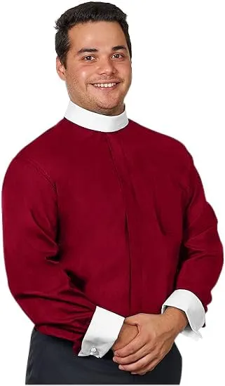 Men's Full Collar Clergy Shirt Long Sleeves - Includes Banded Collar w/White Cuffs