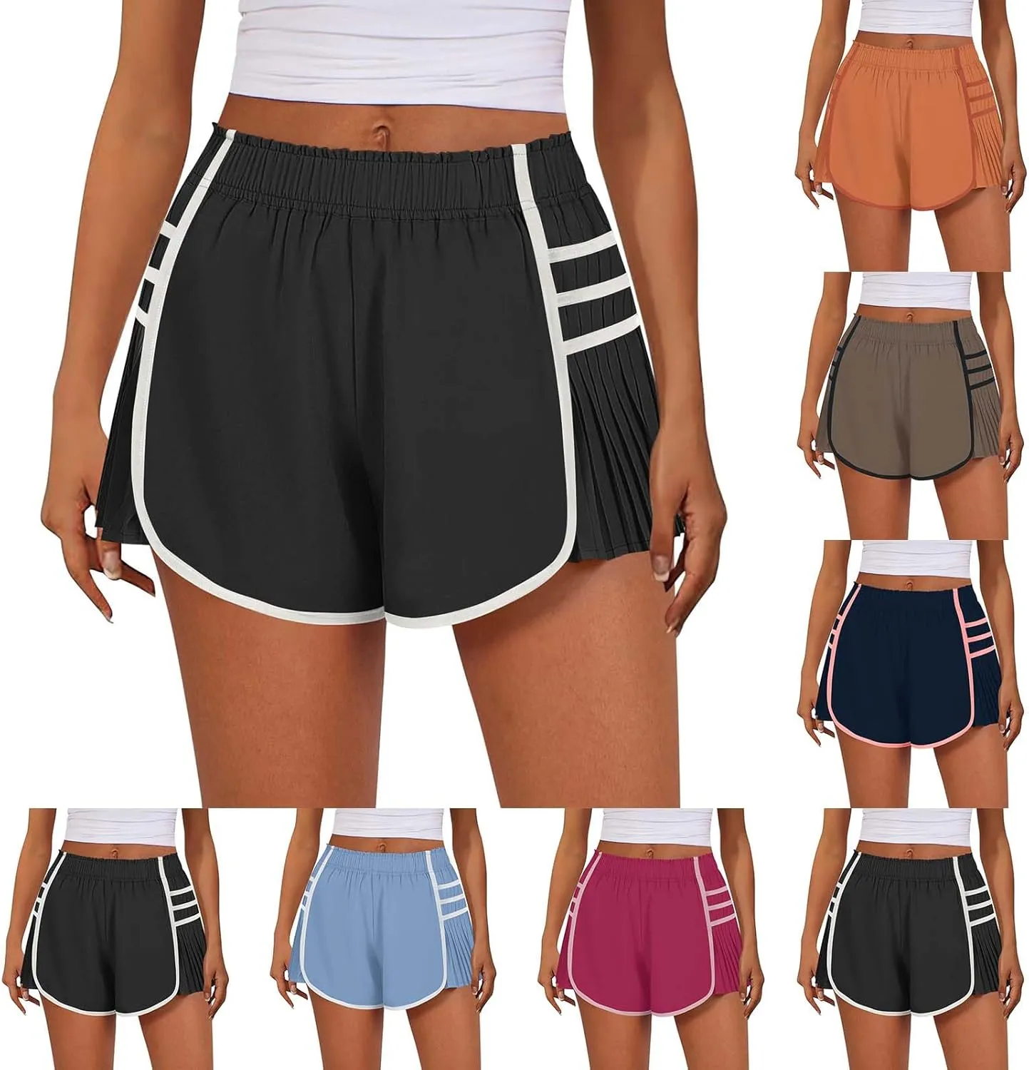 midelxp Women's Athletic Shorts High Waisted Contrast Color Quick Dry Running Shorts Comfy Loose Flowy Pleated Tennis Shorts