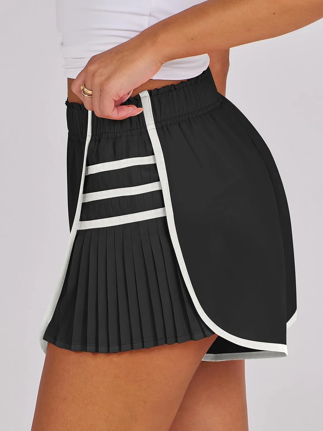 midelxp Women's Athletic Shorts High Waisted Contrast Color Quick Dry Running Shorts Comfy Loose Flowy Pleated Tennis Shorts