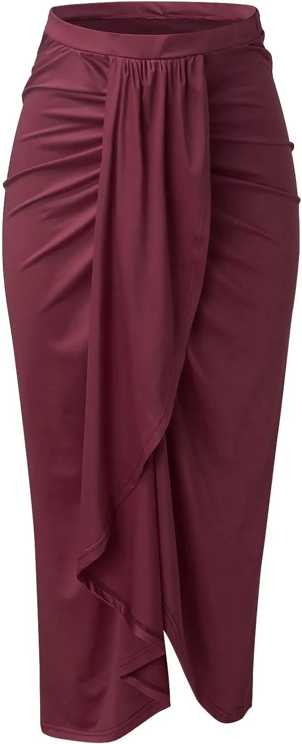 niuwa Women's Slit Wrap Skirt Summer High Waist Draped Skirts Solid Color Ruched Asymmetrical Hem Midi Skirt