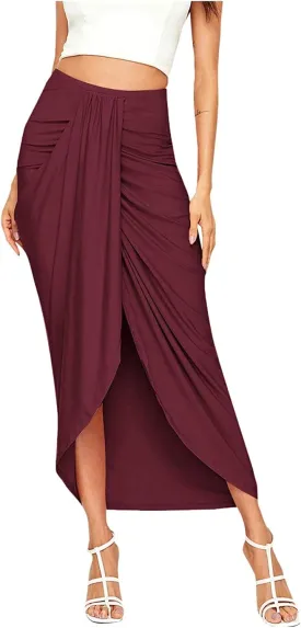 niuwa Women's Slit Wrap Skirt Summer High Waist Draped Skirts Solid Color Ruched Asymmetrical Hem Midi Skirt